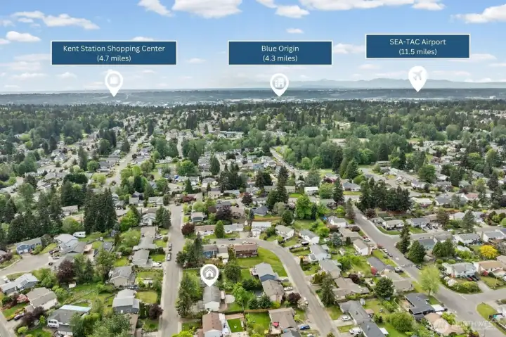 Everything close to your front door — Blue Origin next door, SEA-TAC Airport 11.5 miles away, and Kent Station shopping, dining, and Sound Transit with ample parking just 4.7 miles away.