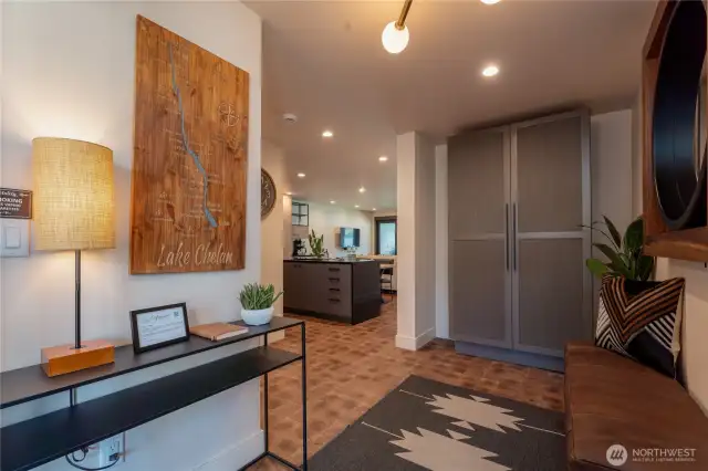 Staged unit B2 shown, similar to F2. Furniture and decor not included.