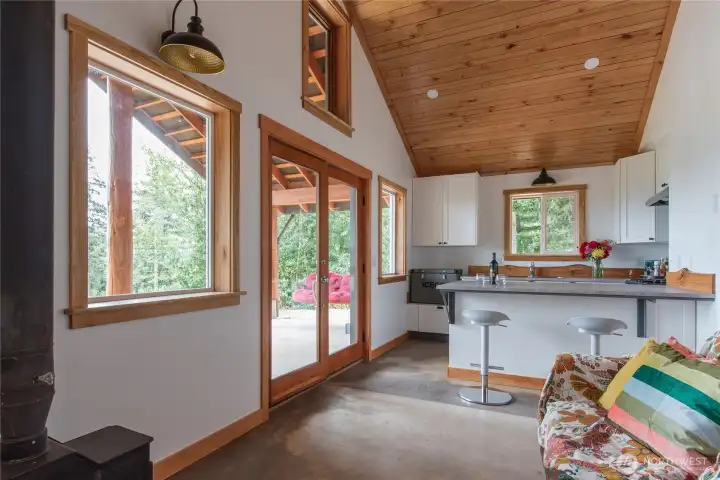 All of the trim and ceiling is a mix of madrone, cherry, fir, & maple and sustainably harvested and milled here on site.