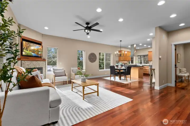 Open-concept living and dining areas with abundant natural light and flexible layout.