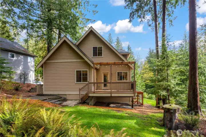 The backyard offers wooded surroundings and natural privacy