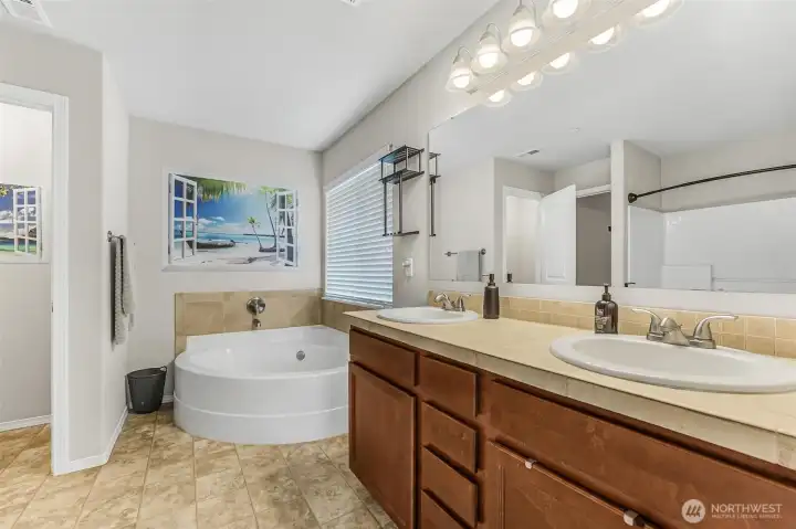 5-piece Primary suite bath includes double sinks, soaking tub, walk-in closet & shower.