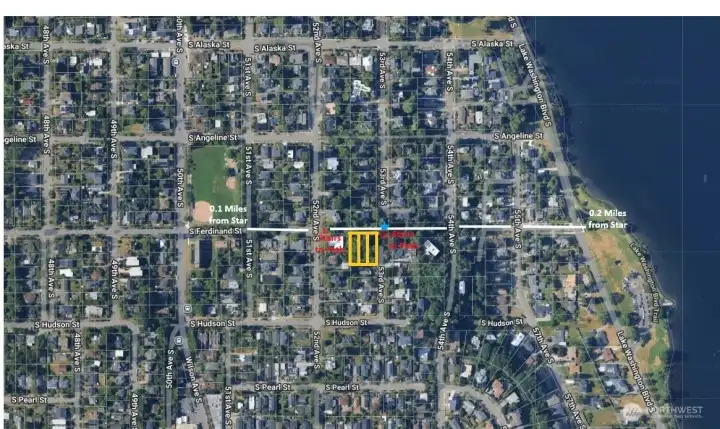 Yellow outlines indicate 3 lots.  White line shows approximate Pedestrian Path.  Ballfields to the West & Lake Washington to the right.