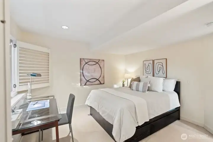 Third bedroom on the lower-level, with access to the adjacent bathroom through a dedicated door.