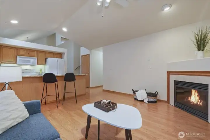 Family room, gas fireplace, covered patio access, laminate floor