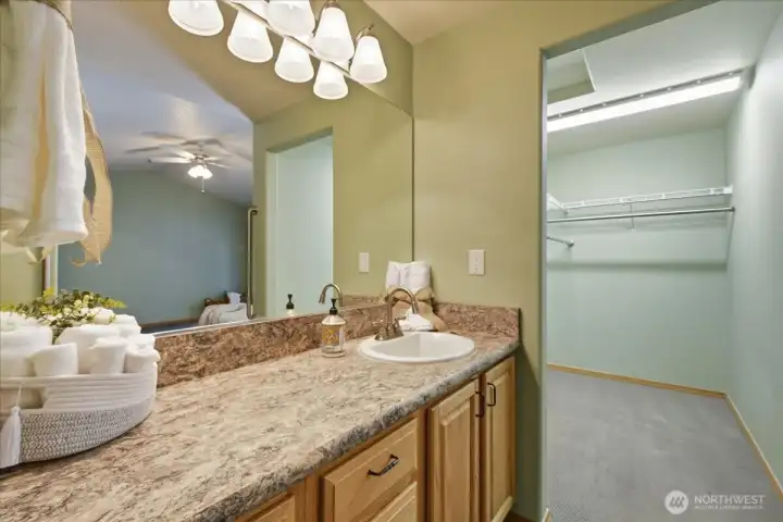 Primary bedroom suite on main w/ walk-in closet and ensuite bathroom