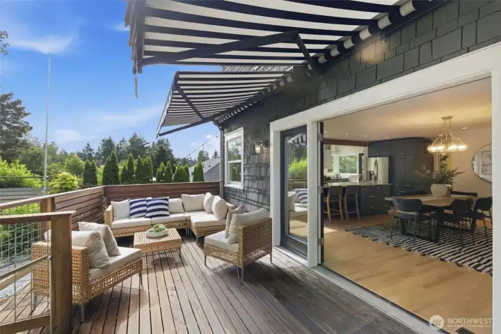 Deck with retractable awning.
