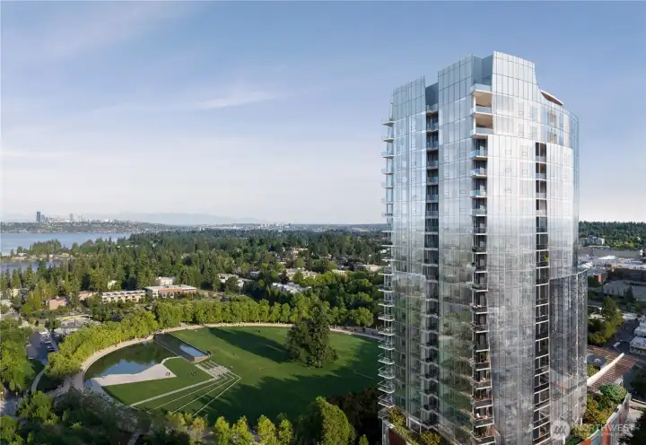 Park Row overlooking Bellevue Downtown Park, Lake Washington, and the Seattle skyline.