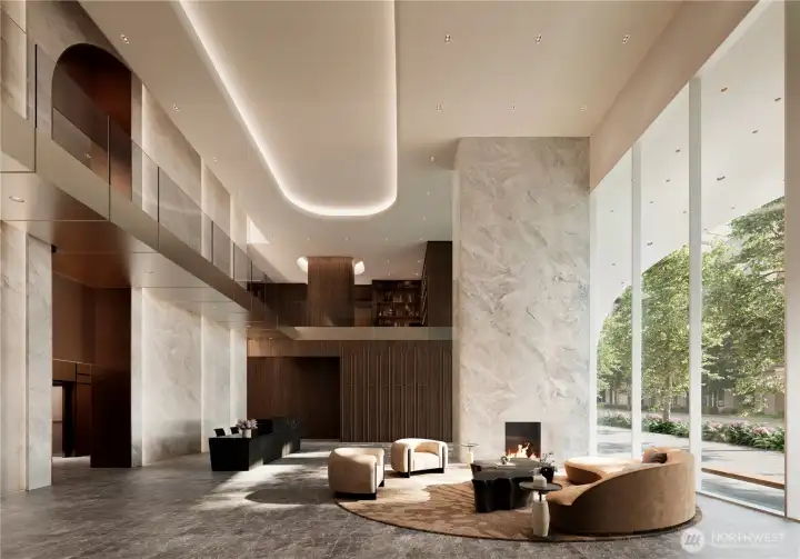 Residential lobby with stone, wood, and fireplace details.