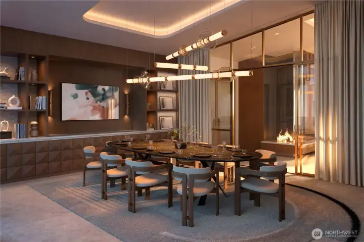 Private dining room with fireplace and custom millwork.