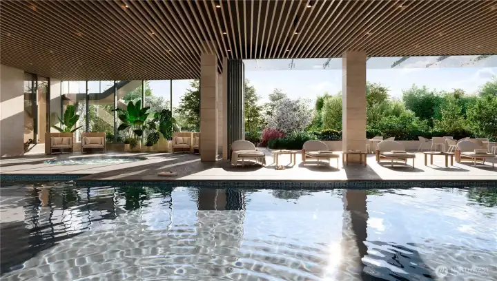 Indoor pool and spa wellness amenity.