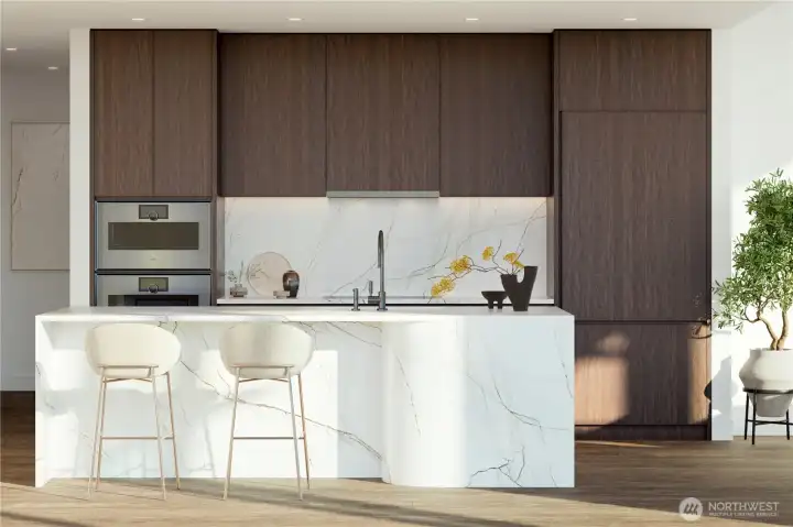 Kitchen with Earth finish palette, custom cabinetry, polished quartz countertops, and Gaggenau appliances.