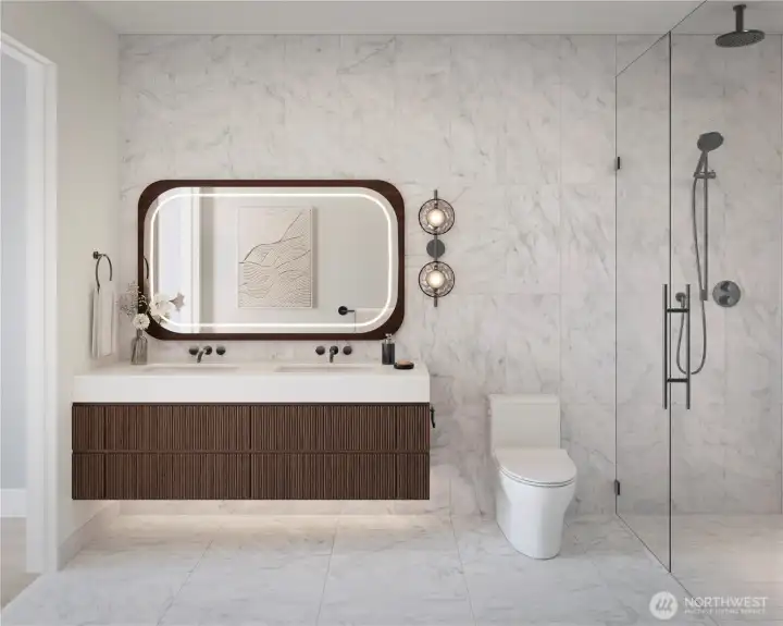 Primary bathroom with Earth finish palette, stone tile, fluted vanity, and Dornbracht fixtures.