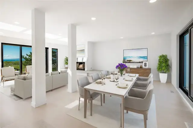 Natural light beams from both sides of the open living space