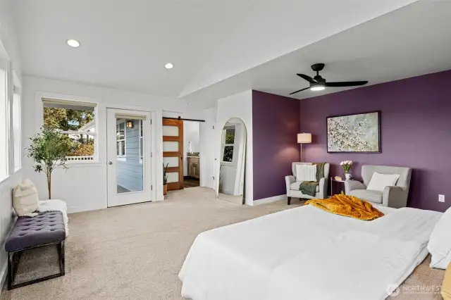 Cross section primary, deck access, walk in closet, and full bath en suite.