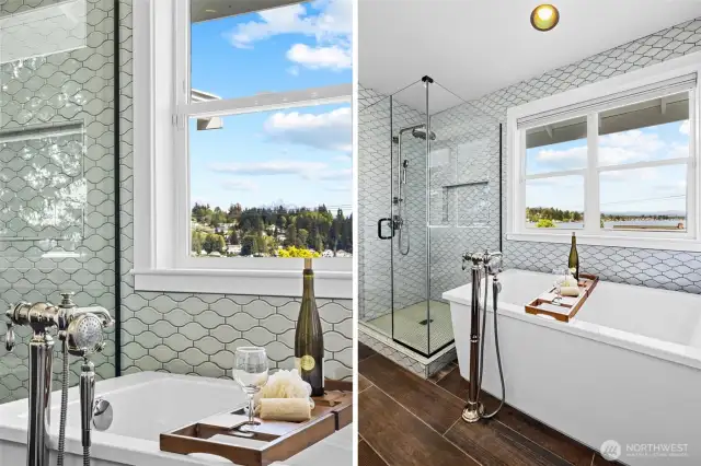 Free standing soaking tub, gorgeous material selections.