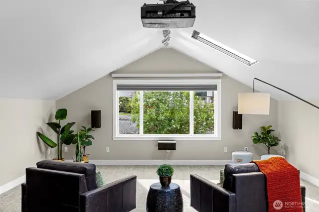 Pull up and pull down silhouette blinds. Movie screen drops right down.