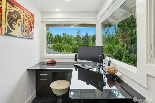 Secret office with heated floors and motorized blinds.