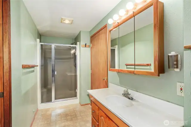 Pocket door into bathroom  Single vanity  Large shower with seat