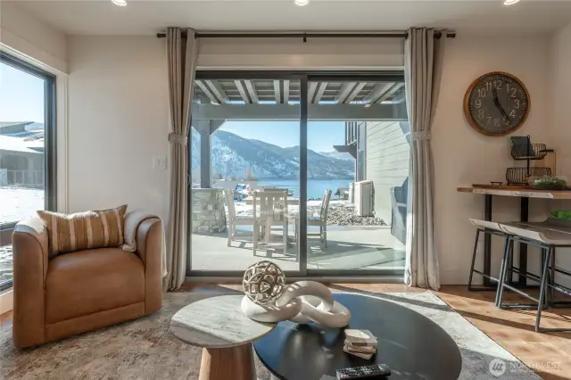 Staged unit F5 shown, similar to F6. Furniture and decor not included.