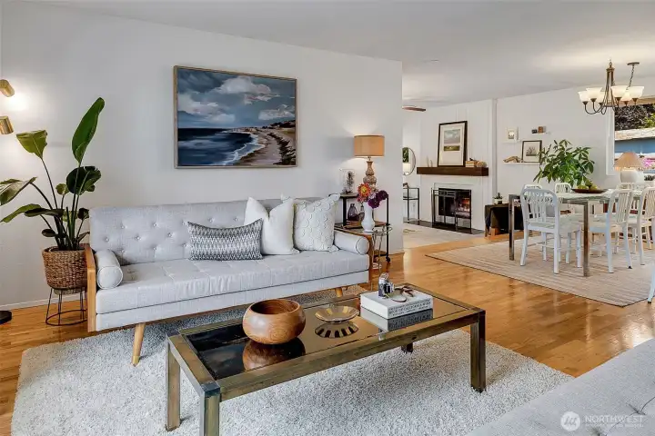 Host dinner parties. The open floor plan flows seamlessly into the dining area and family room, complete with wood wood-burning fireplace and a slider door that opens to the back patio and garden.