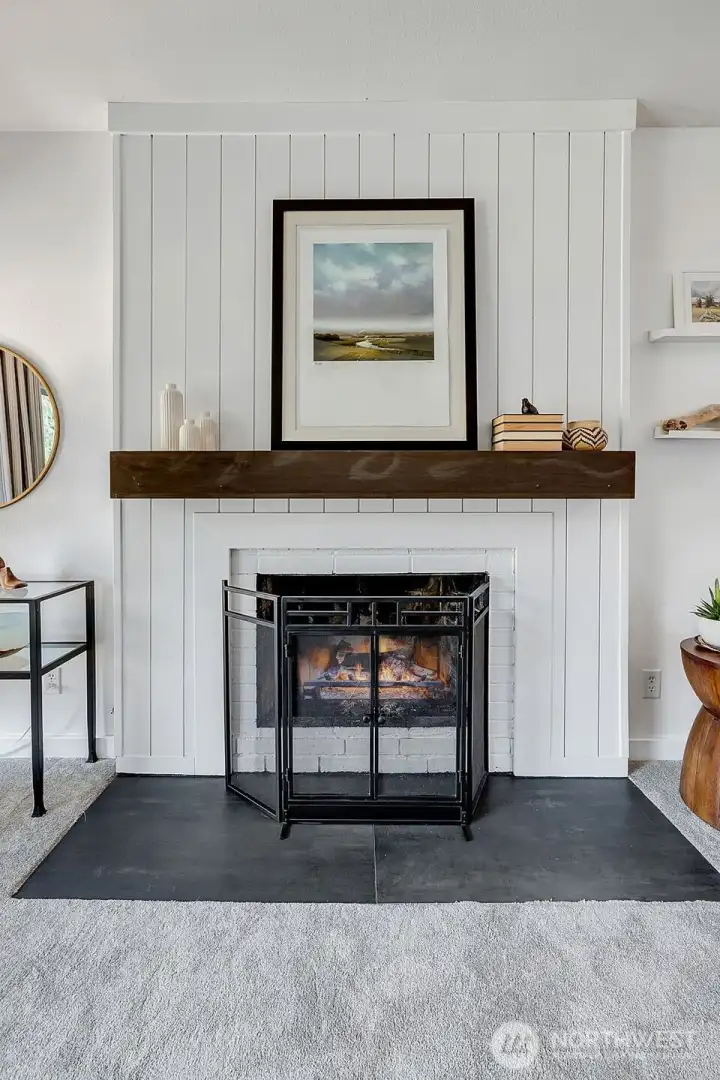 Wood-burning fireplace for chilly winter evenings.