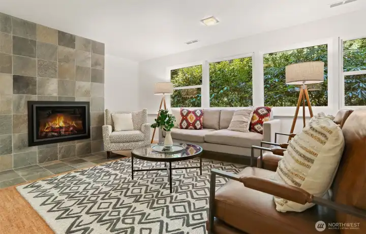 Lower-level rec-room:  A cool retreat from summer heat and a cozy lounge space with the gas fireplace in the winter.