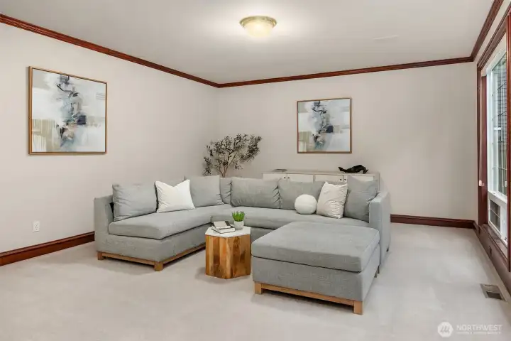 Main level bonus room with a stone surround fireplace off the family room. This space could be an additional work from home space, playroom or 5th bedroom/guest suite.