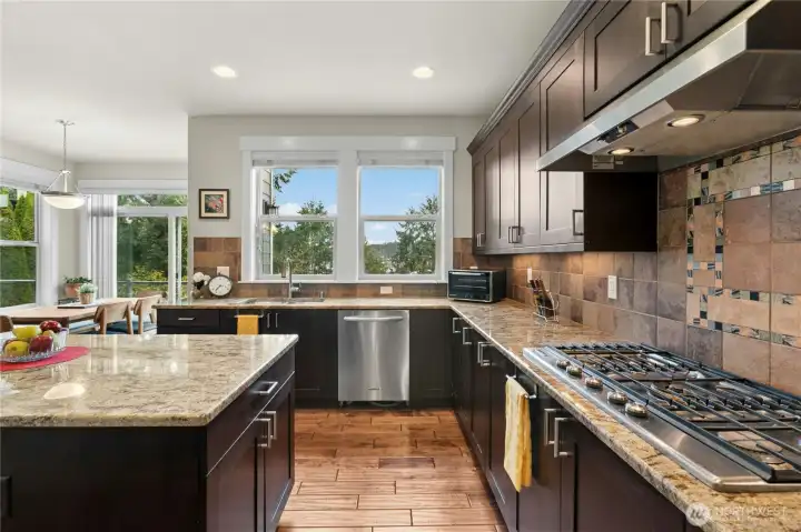 Large Island, gas range  granite counters