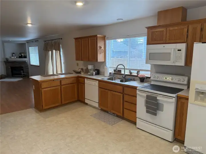 Another view of the Appliances and Cabinets. You can see the Family Room in this photo too.