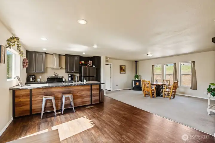 Open kitchen and dining configuration designed for easy entertaining and flexible use of space.