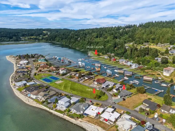Aerial view of Sandy Hook canal, park, tennis/pickleball courts, and community boat launch. Aerial view of Sandy Hook canal, park, tennis/pickleball courts, and community boat launch.