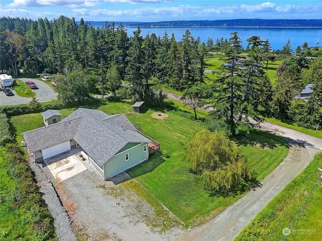 Aerial view facing Southwest, looking out at the Saratoga Passage and Olympic Mtns