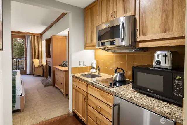 Undercounter fridge, 2 burner range, convection/microwave oven and sink...we're covered.