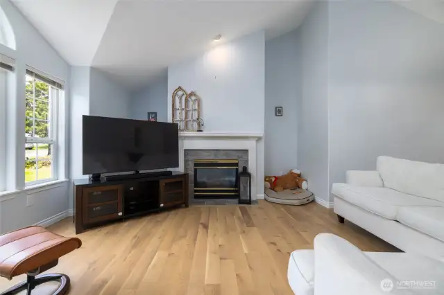 the living room, featuring one of the two gas fireplaces included in this home