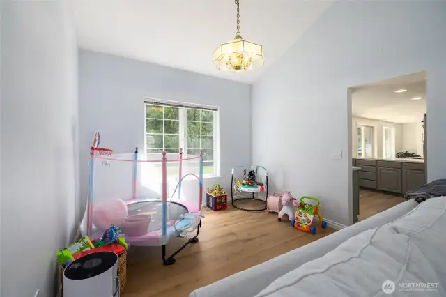 Currently set up a a play area for the kids, this can also be the dining space