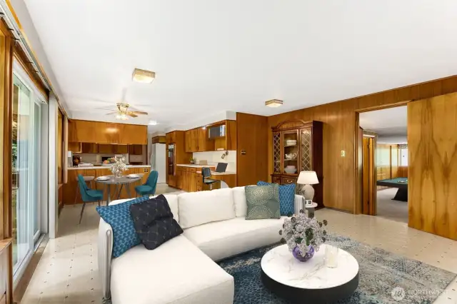 Door off family room leads to extra large recreation room. Virtually staged.