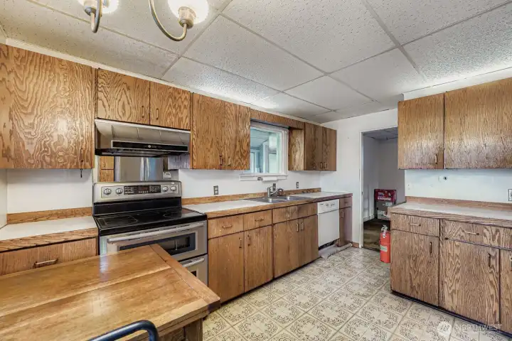 Kitchen is large and spacious.