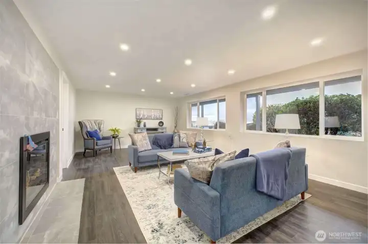 Lower level family room with fireplace