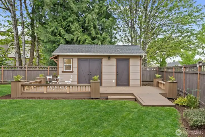 Workshop enhanced with low-maintenance Trex® decking and French doors for easy access
