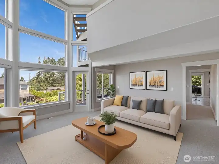 Virtually staged living room with floor to ceiling windows to enjoy the views Virtually staged living room with floor to ceiling windows to enjoy the views