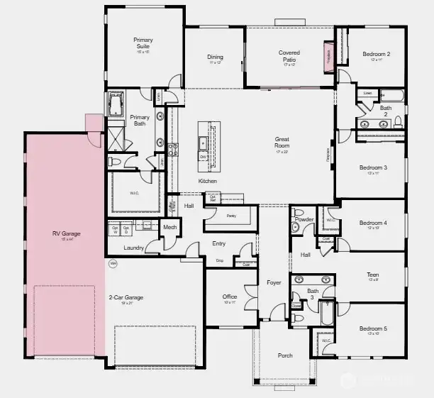 Additional Highlights Include: Car charger outlet, 12' sliding glass door at great room, RV garage with exterior service door at the rear, outdoor gas fireplace, freestanding tub at primary bath, gas line for outdoor BBQ, electric fireplace at great room, and drop zone mudroom.