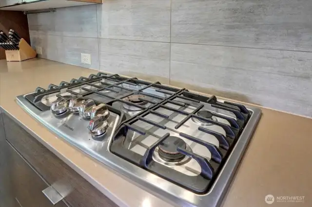 5-burner, stainless steel cooktop.