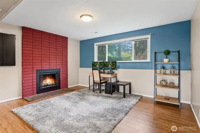 Features an electric fireplace