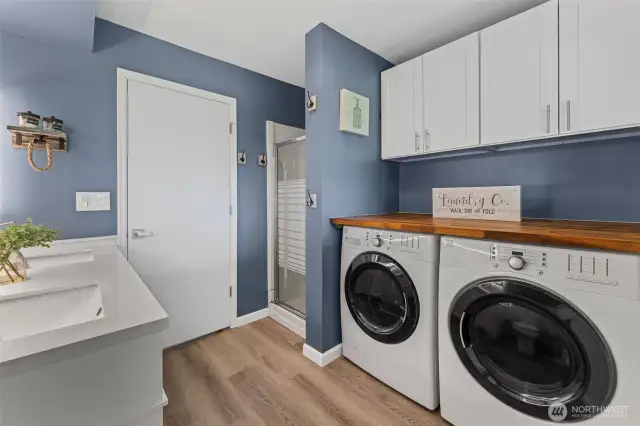 Downstairs bathroom doubles as the laundry room. Features a dual sink, vanity, and shower.