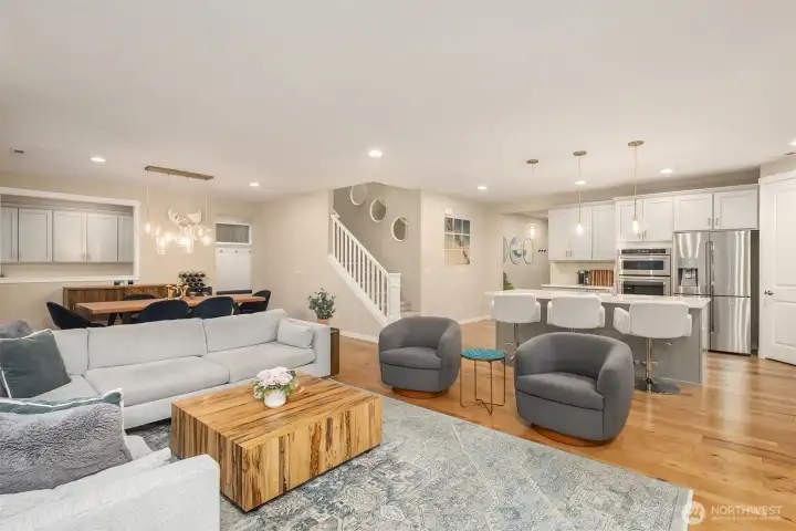 The great room offers easy flow  thru-out the main level for entertaining and relaxing