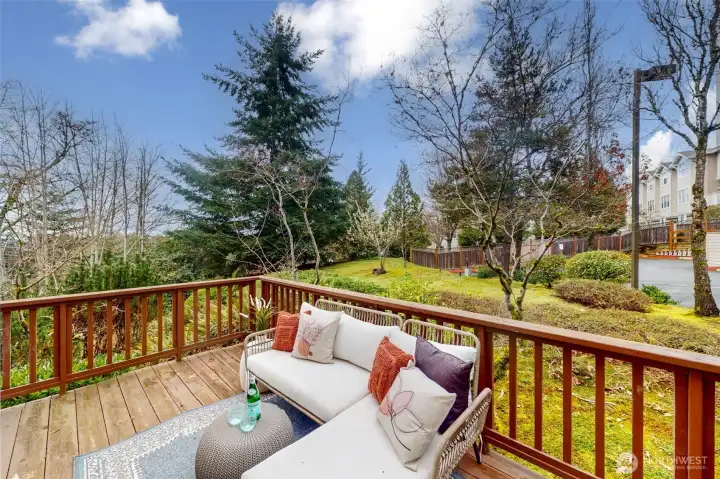 Large deck overlooking a tranquil greenbelt and sunset view.