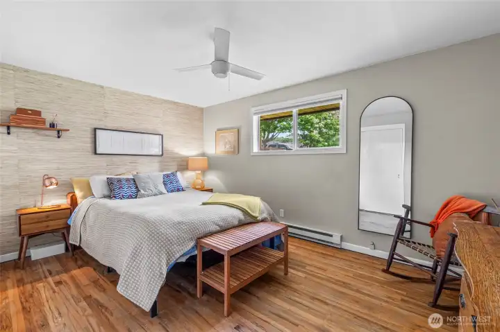 One of three bedrooms all with refinished hardwoods and double pane windows.