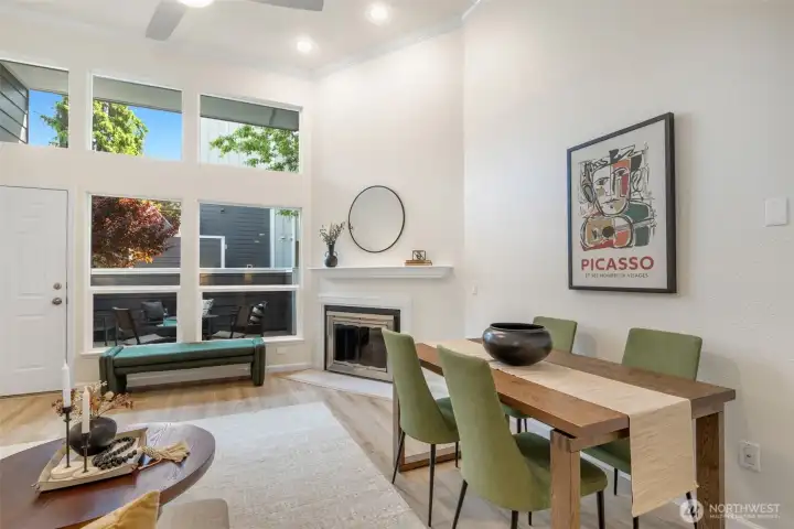 Large living room with space for a dining room table