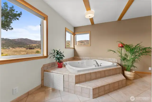 Large primary bath with tiled shower and jetted tub.